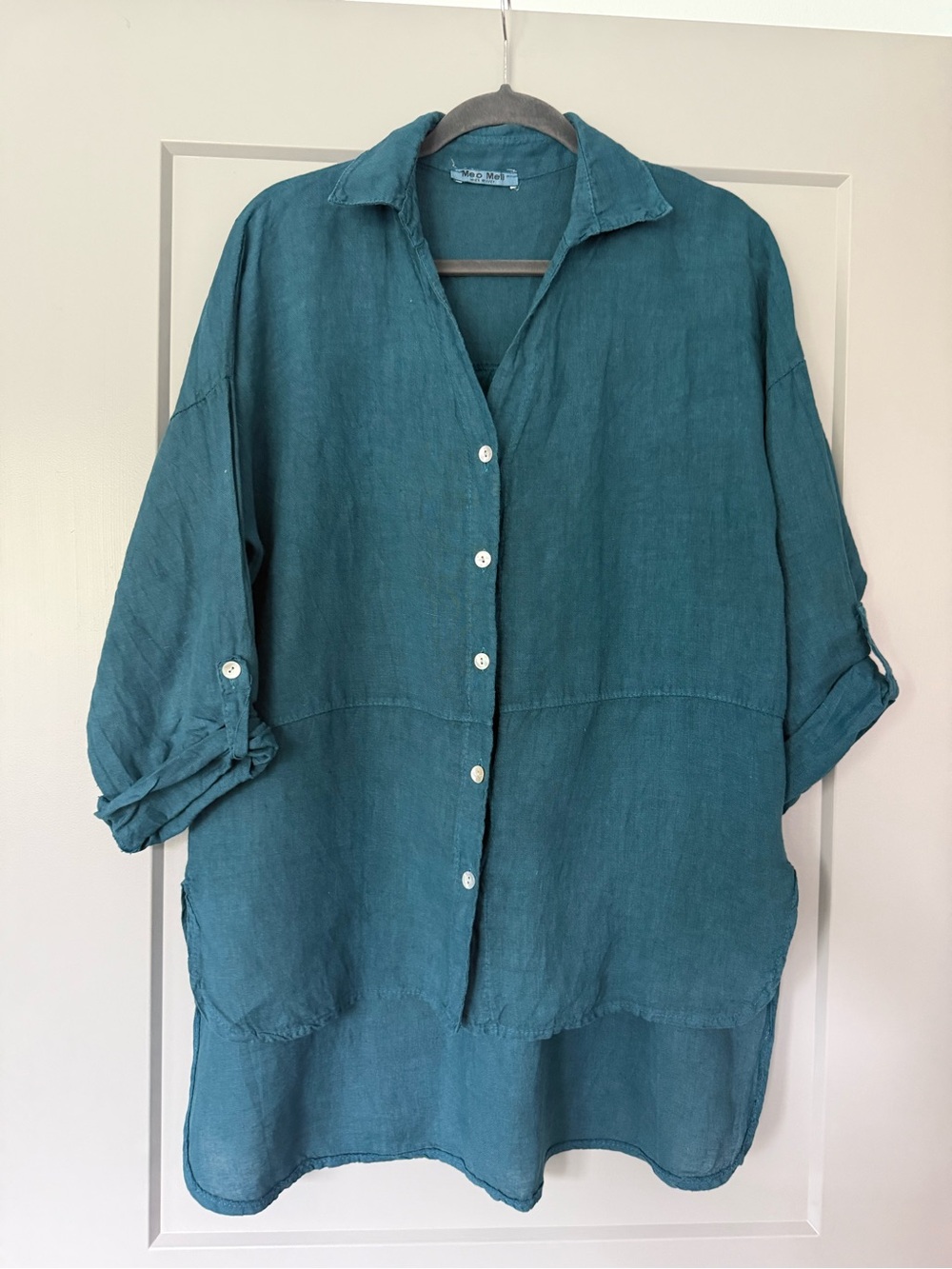 Meo Meli Italy Linen Button Up Shirt Top Roll Tab Sleeve One Size